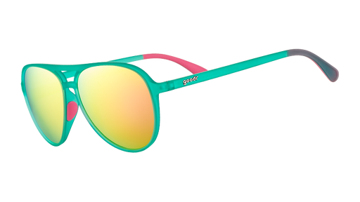 Three-quarter angle view of teal aviator sunglasses with hot pink inner silicone grips and polarised pink reflective lenses.