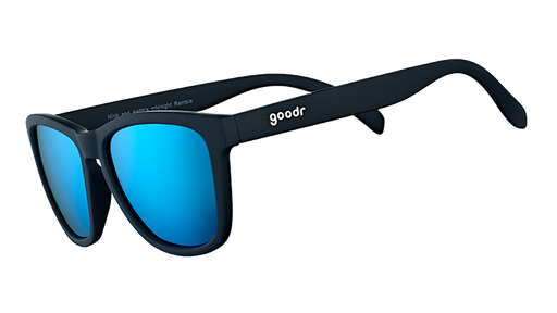 Three-quarter angle view of square-shaped black sunglasses with polarised reflective blue lenses.