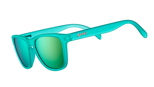 Three-quarter angle view of square-shaped teal sunglasses with teal reflective polarised lenses.