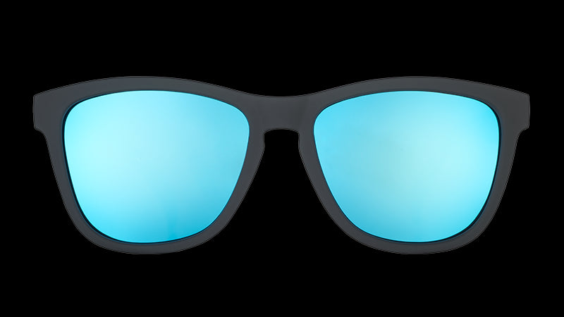 Front view of square-shaped black sunglasses with polarised blue mirrored lenses.