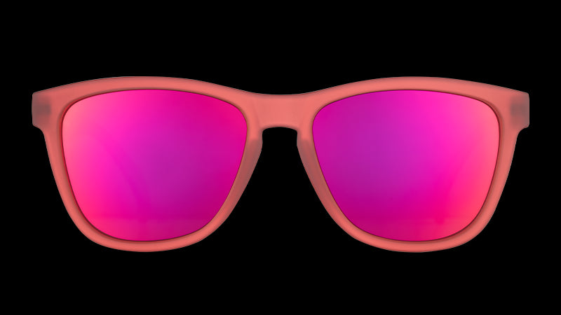 Front view of square-shaped red sunglasses with polarised red mirrored lenses.