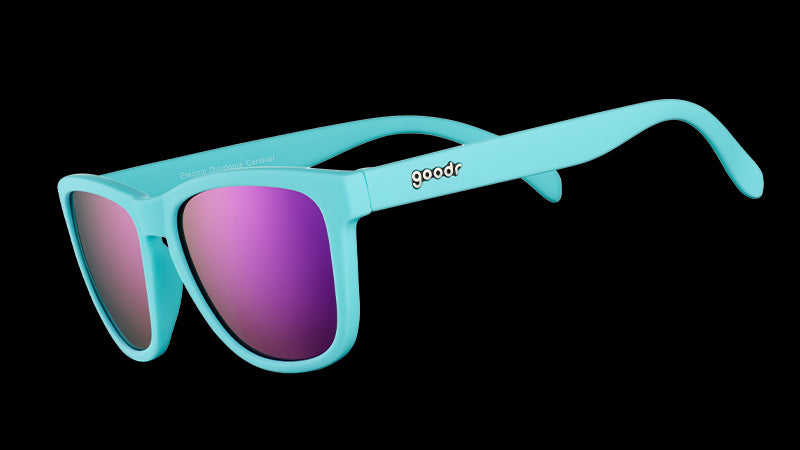 Three-quarter angle view of baby blue sunglasses with polarised purple reflective lenses.