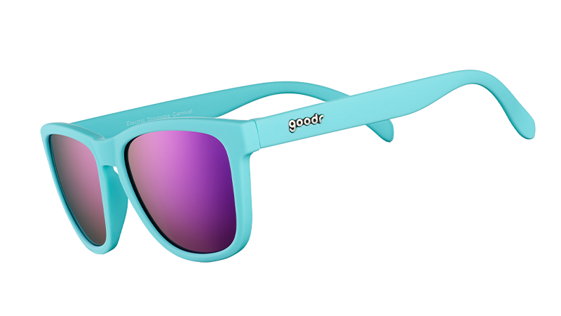 Three-quarter angle view of baby blue sunglasses with polarised purple reflective lenses.