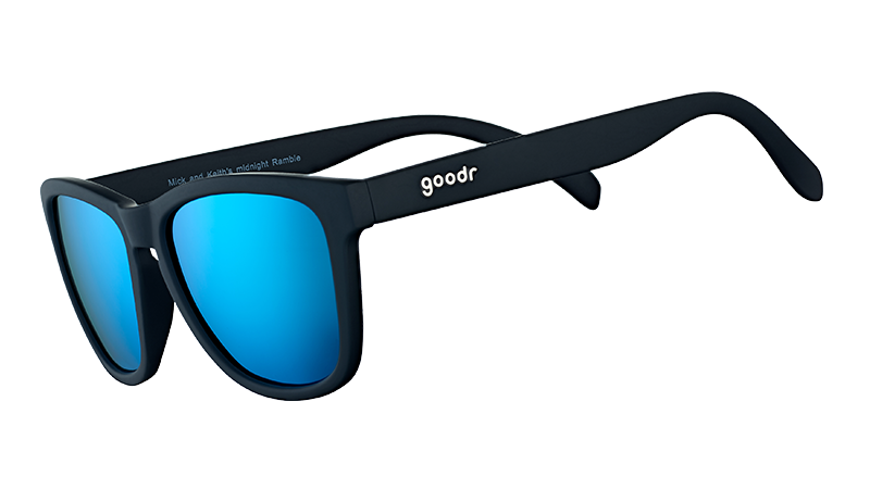 Three-quarter angle view of square-shaped black sunglasses with polarised reflective blue lenses.