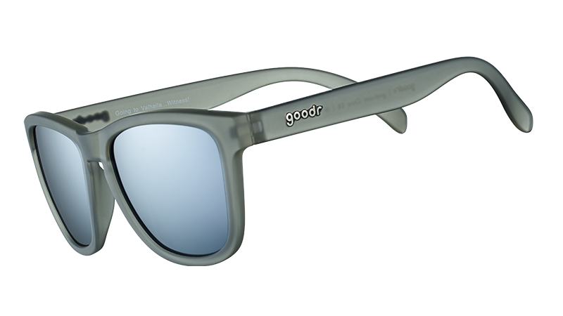 Three-quarter angle view of square-shaped gray sunglasses with polarised gray lenses.