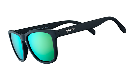 Three-quarter angle view of square-shaped black sunglasses with mirrored green lenses.