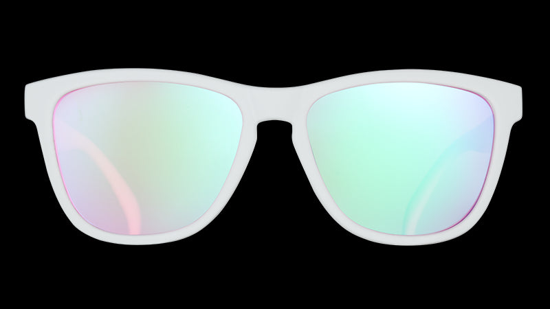 Front view of square-shaped white sunglasses with non-reflective rose-tinted lenses.