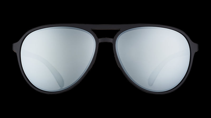 Front view of aviator sunglasses with black frames and chrome reflective lenses on a white background.