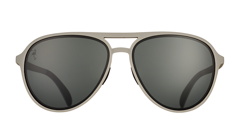 Front view of gray aviator sunglasses with non-reflective black lenses on a white background.