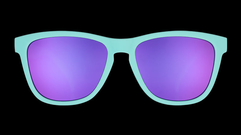Front view of square-shaped baby blue sunglasses with purple reflective lenses.