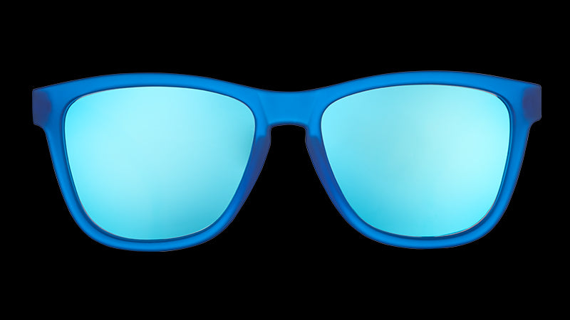 Front view of square-framed bright blue sunglasses with blue reflective lenses on a white background.