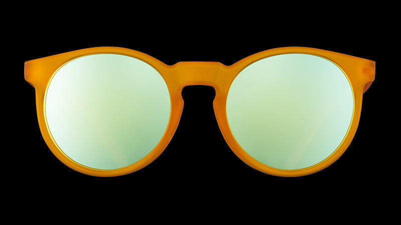 Front view of round orange sunglasses with light blue reflective polarised lenses.