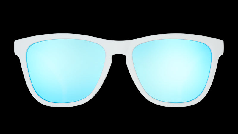 Front view of square-shaped white sunglasses with polarised mirrored blue lenses.