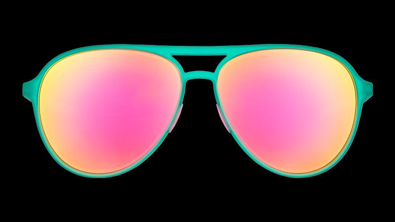 Front view of polarised teal aviator sunglasses with mirrored pink lenses.