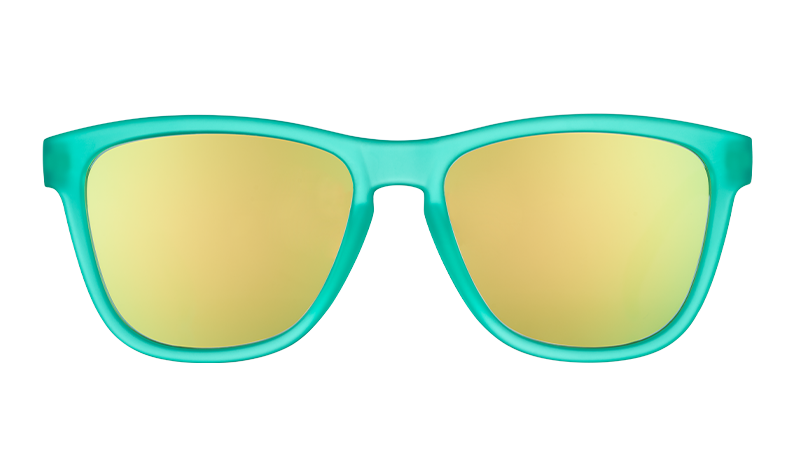 Front view of square-shaped teal sunglasses with teal mirrored lenses.