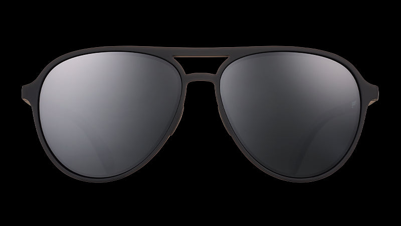 Front view of black aviator sunglases with non-reflective polarised black lenses.