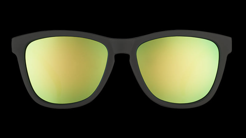 Front view of square-shaped black sunglasses with green mirrored lenses.